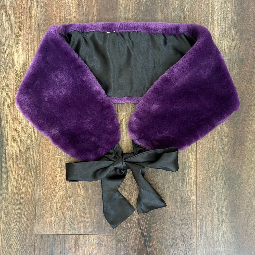 Vintage Purple Faux Fur Collar Stole Wrap Black Satin Ribbon Tie Shrug
